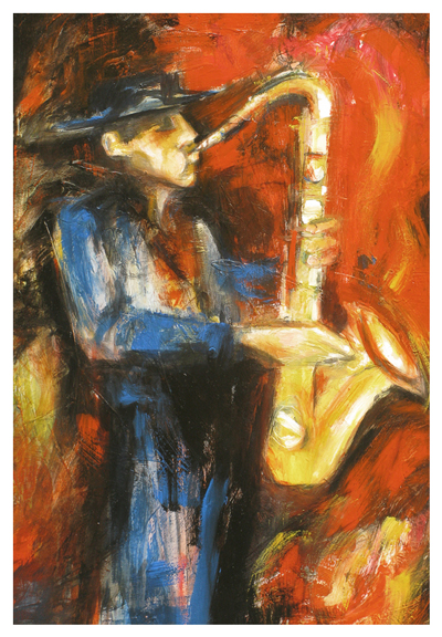Monferrato Infernot MATE – dipinto di Davide Minetti raffigura un musicista jazz